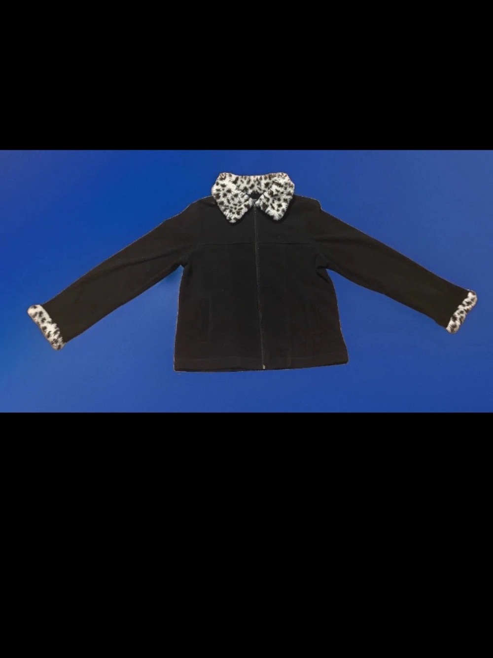 VINTAGE Creazioni Effeci Black Fleece Zip Jacket Faux Fur Leopard Trim Size L